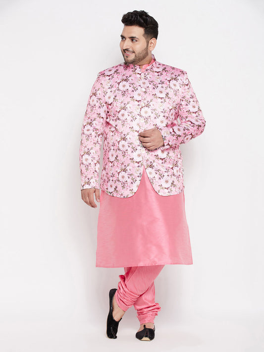 Vastramay mens pink color silk blend jodhpuri with pink color kurta pyjama set