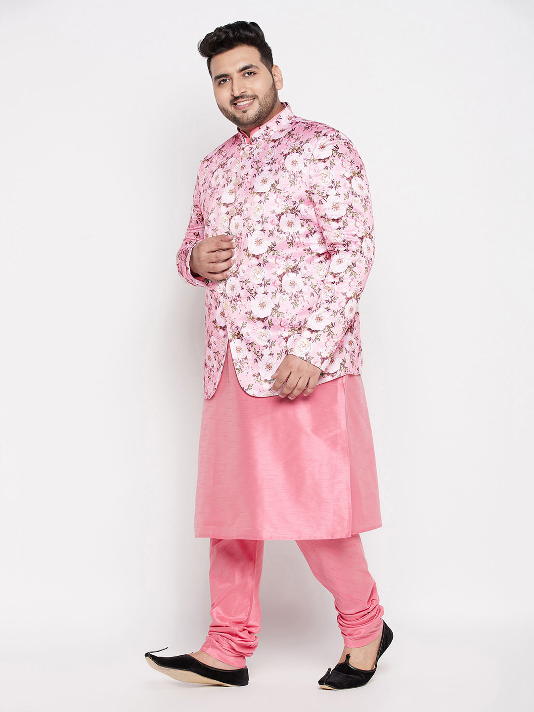 Vastramay mens pink color silk blend jodhpuri with pink color kurta pyjama set