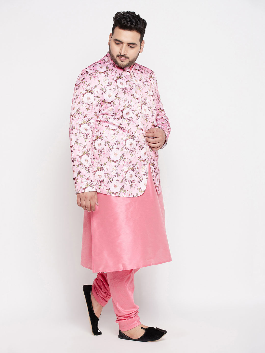 Vastramay mens pink color silk blend jodhpuri with pink color kurta pyjama set