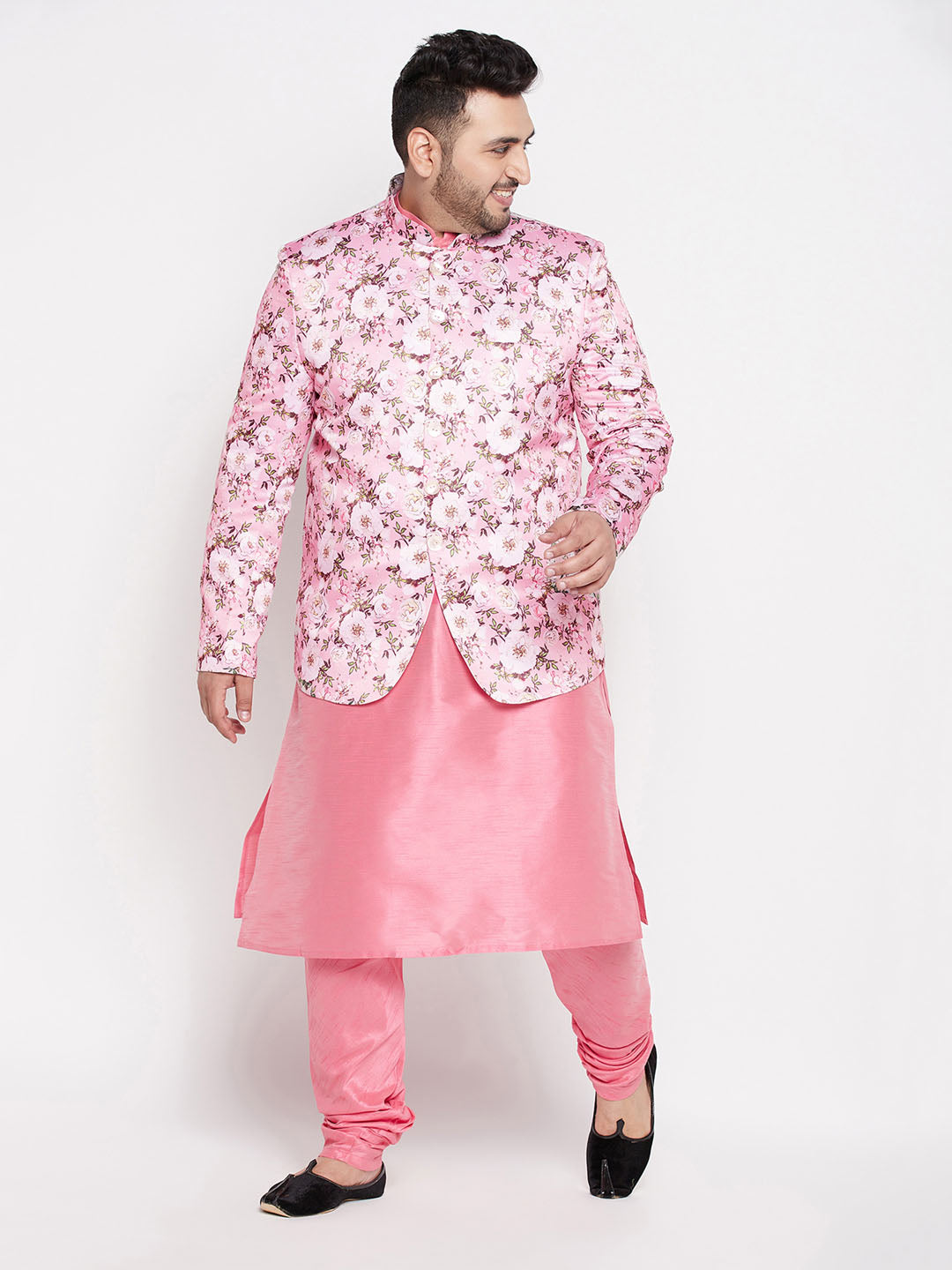 Vastramay Men's Pink Silk Blend Jodhpuri With Pink Kurta Pyjama Set