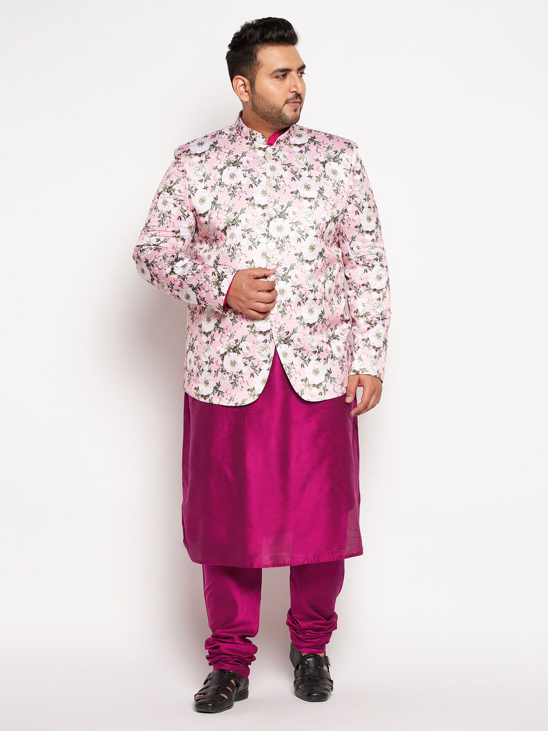 copy of Vastramay mens pink color silk blend jodhpuri with frusia color kurta pyjama set