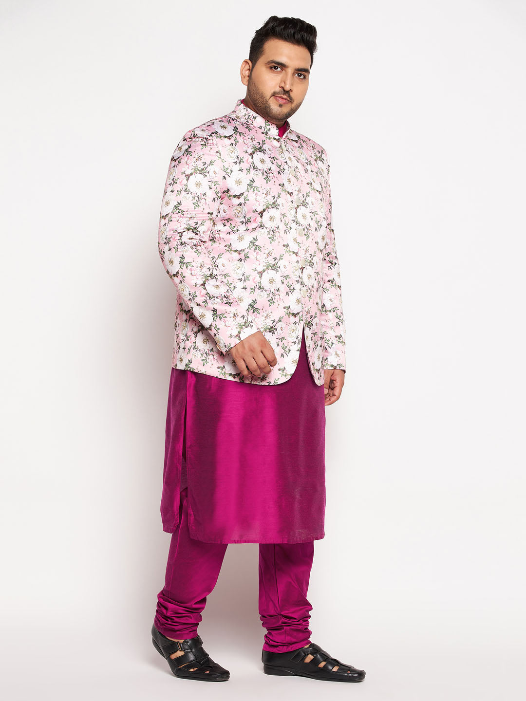 copy of Vastramay mens pink color silk blend jodhpuri with frusia color kurta pyjama set