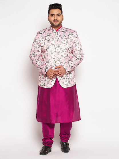 Vastramay Men's Pink Silk Blend Jodhpuri With Fuchsia Kurta Pyjama Set