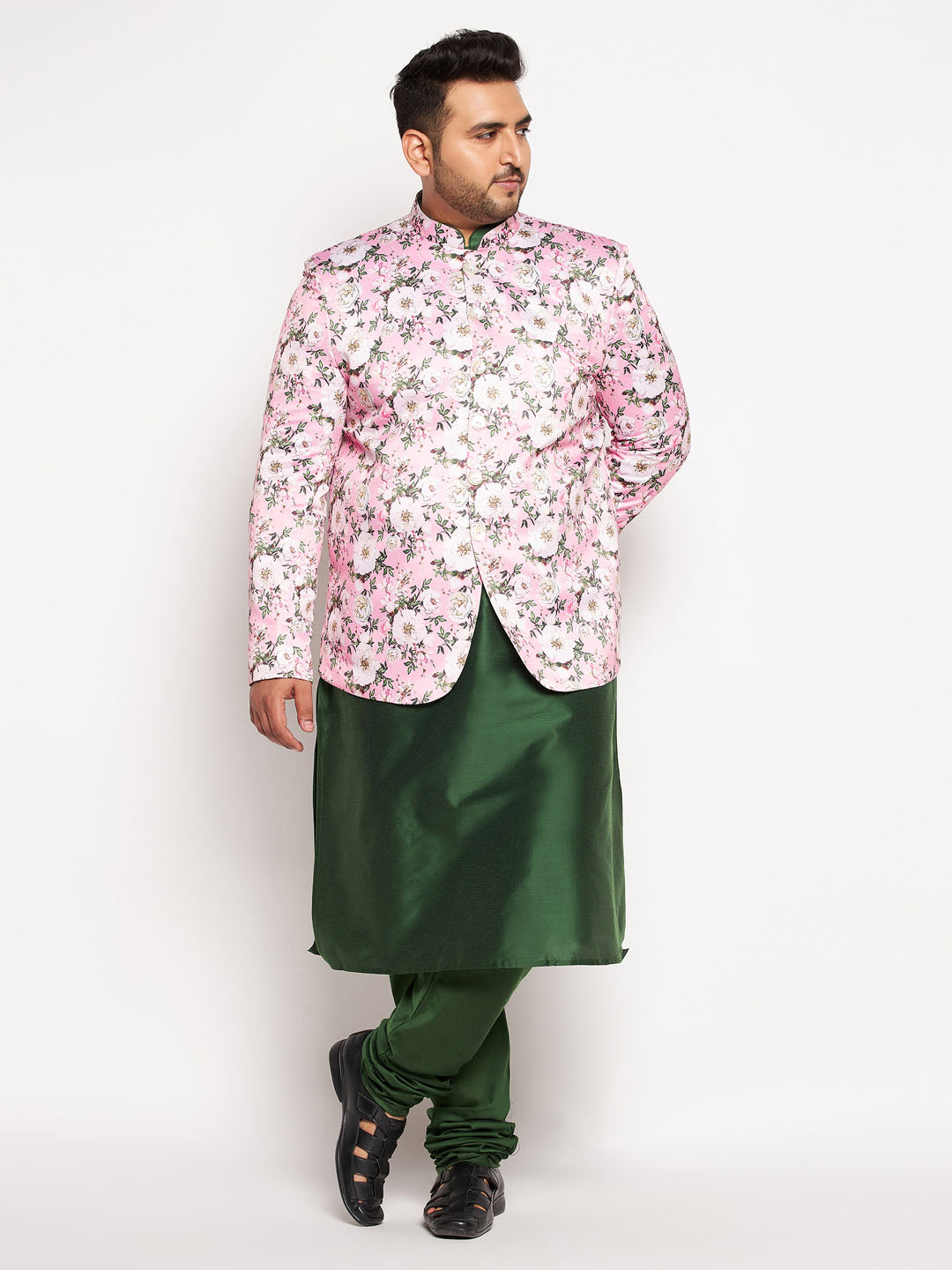 Vastramay mens pink color silk blend jodhpuri with dark green color kurta pyjama set