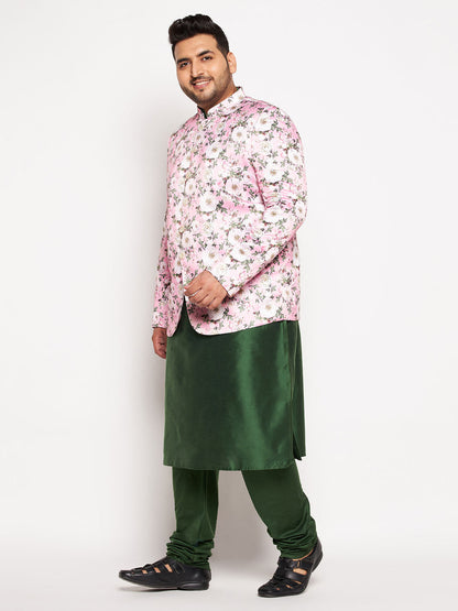 Vastramay mens pink color silk blend jodhpuri with dark green color kurta pyjama set