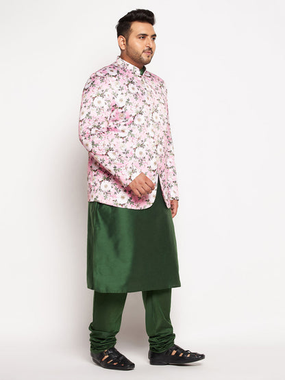 Vastramay mens pink color silk blend jodhpuri with dark green color kurta pyjama set