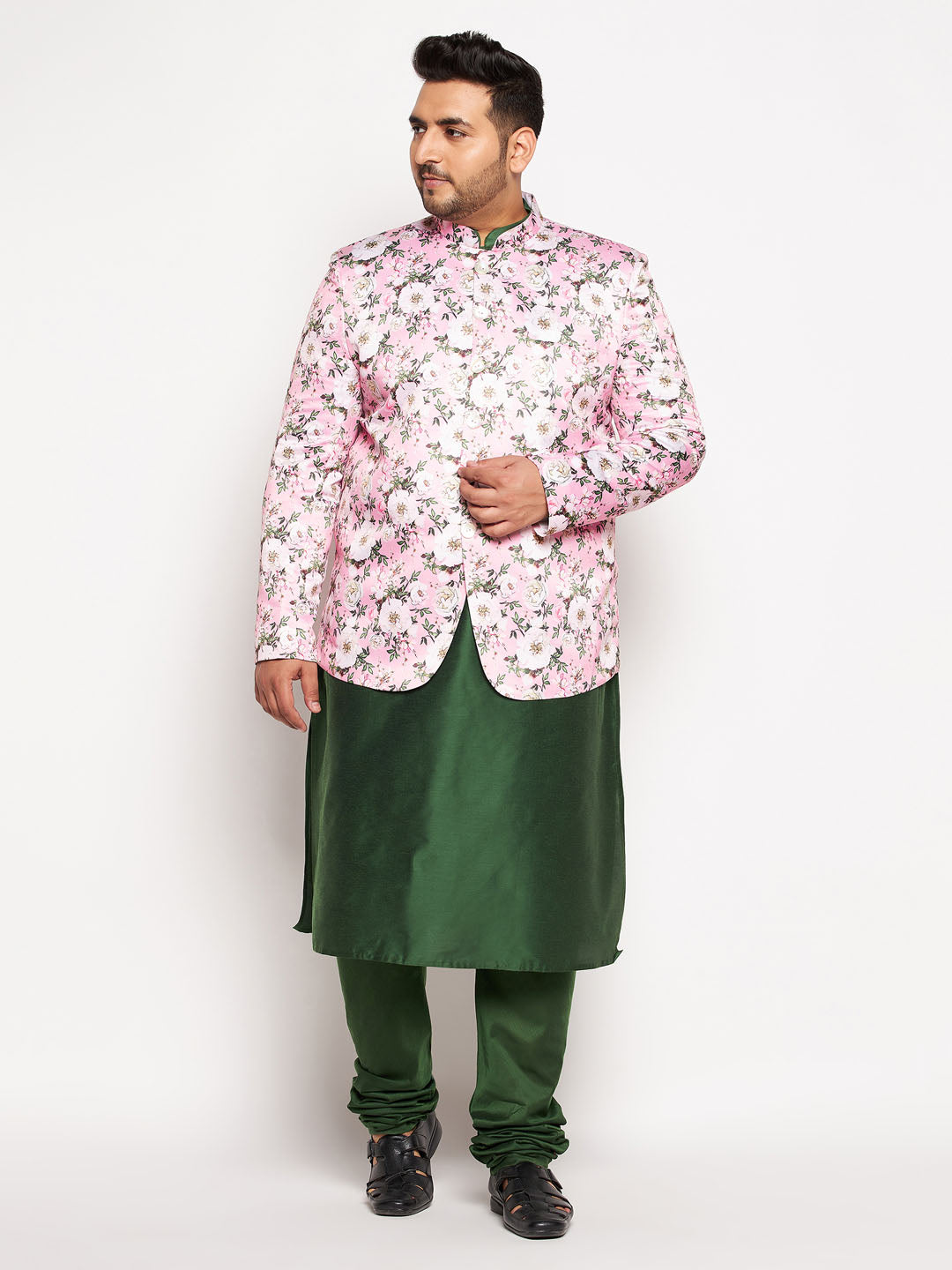 Vastramay Men's Pink Silk Blend Jodhpuri With Dark Green Kurta Pyjama Set