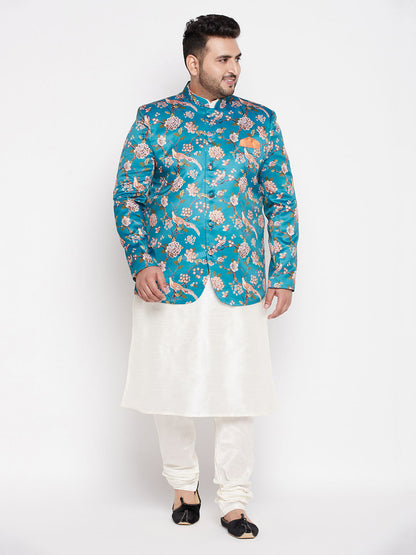 Vastramay Men's Turquoise Blue Silk Blend Jodhpuri With Cream Kurta Pyjama Set