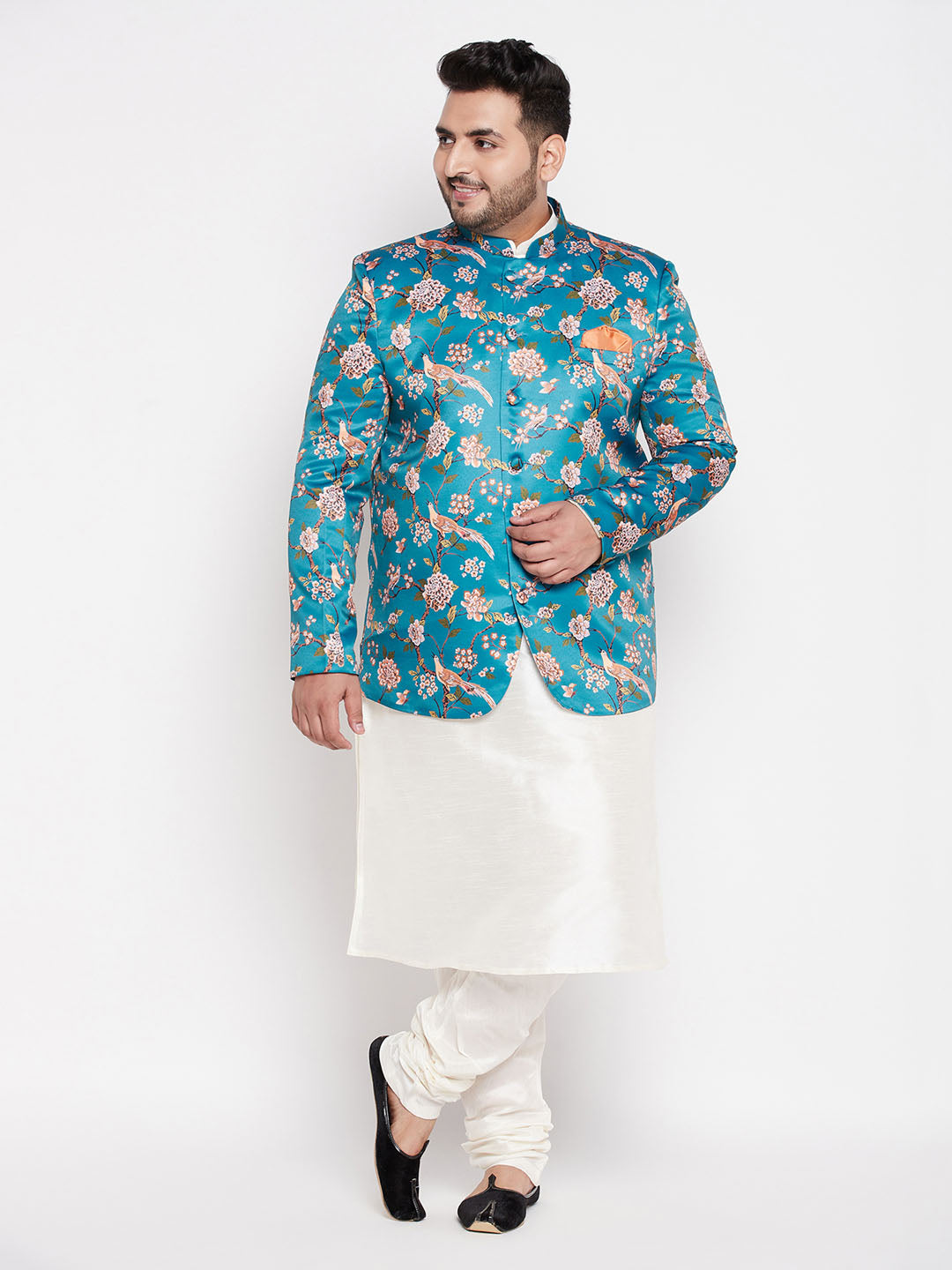 Vastramay mens turquoise blue color silk blend jodhpuri with cream kurta pyjama set