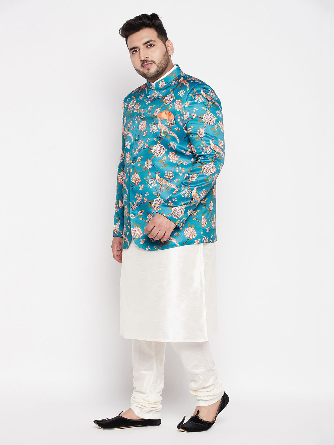 Vastramay mens turquoise blue color silk blend jodhpuri with cream kurta pyjama set