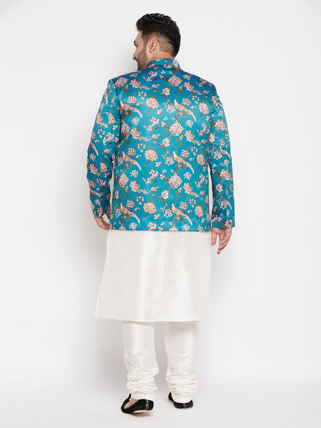 Vastramay mens turquoise blue color silk blend jodhpuri with cream kurta pyjama set