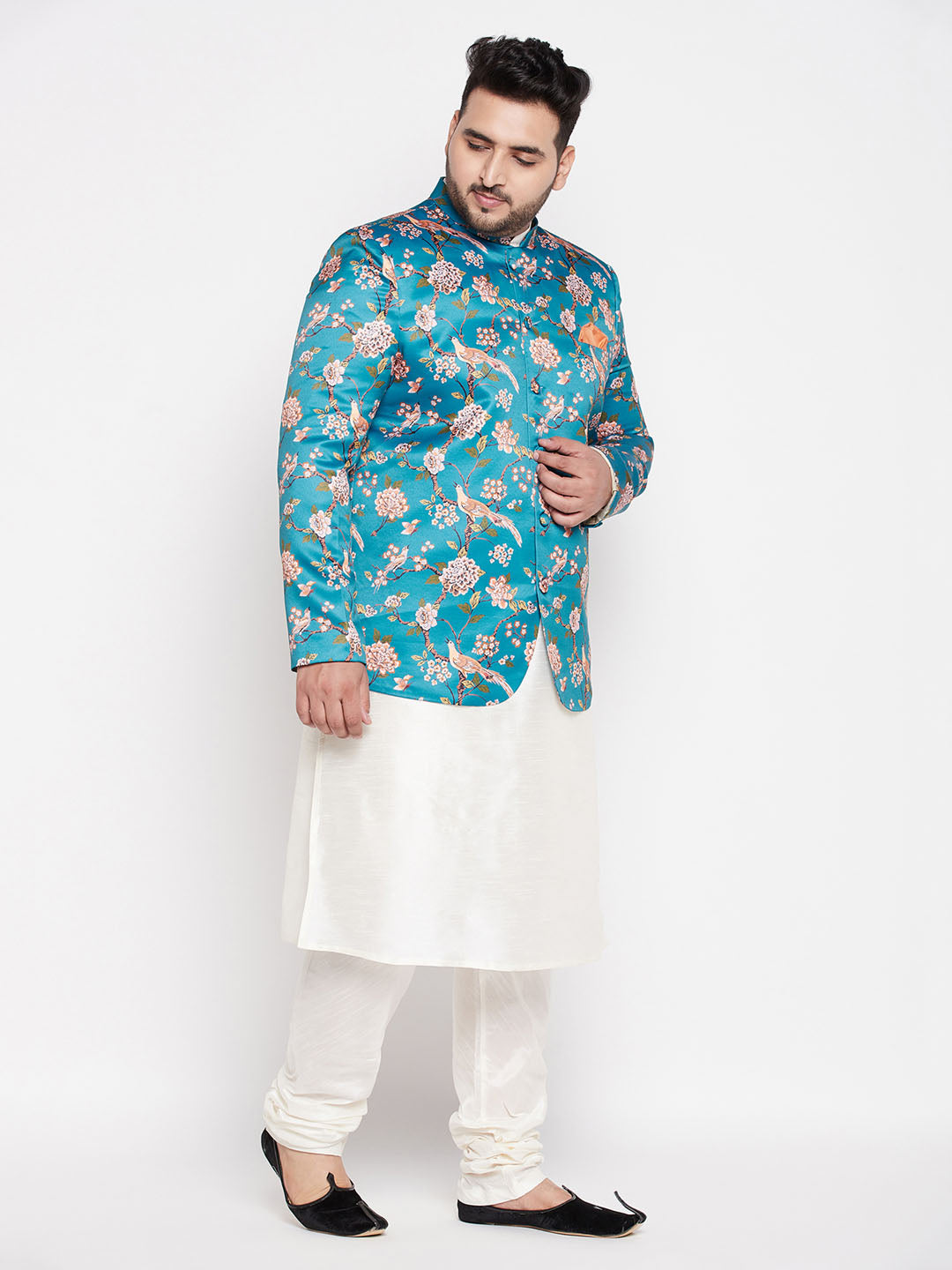 Vastramay mens turquoise blue color silk blend jodhpuri with cream kurta pyjama set