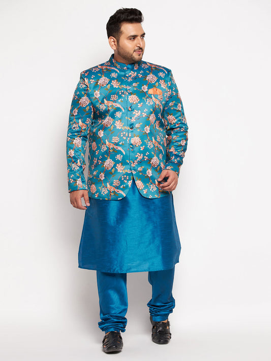 Vastramay mens turquoise blue color silk blend jodhpuri with turquoise blue kurta pyjama set