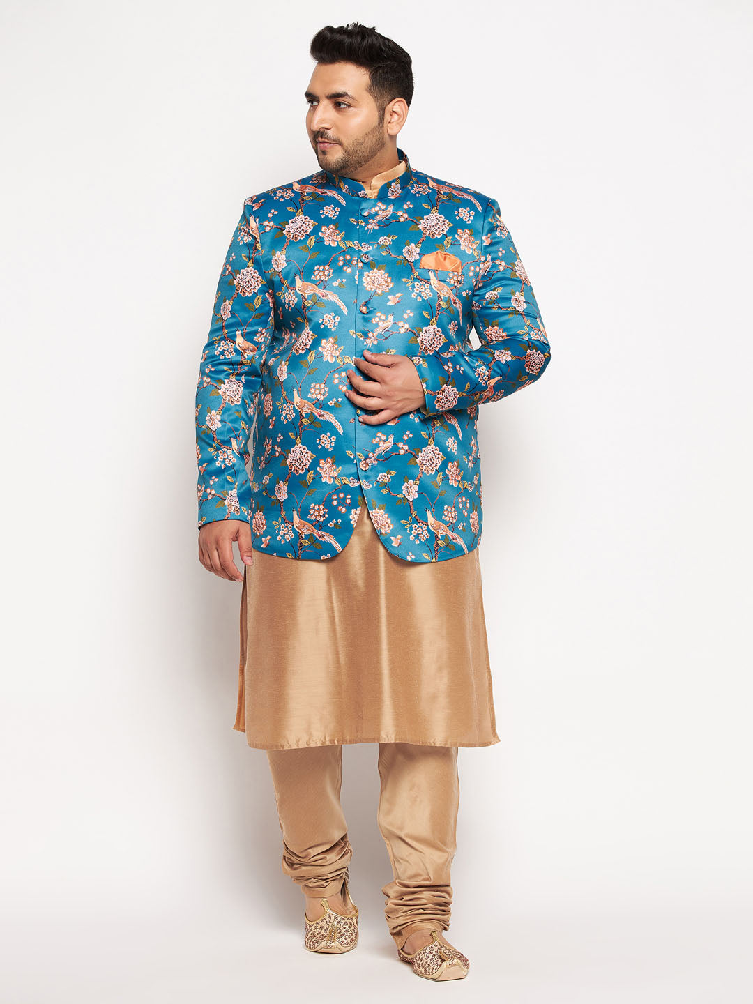 Vastramay mens turquoise blue color silk blend jodhpuri with viscose rose gold kurta pyjama set