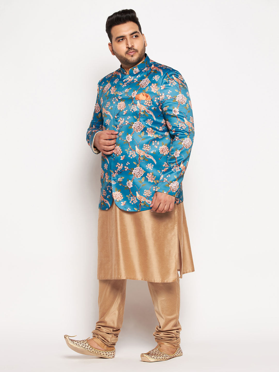 Vastramay mens turquoise blue color silk blend jodhpuri with viscose rose gold kurta pyjama set