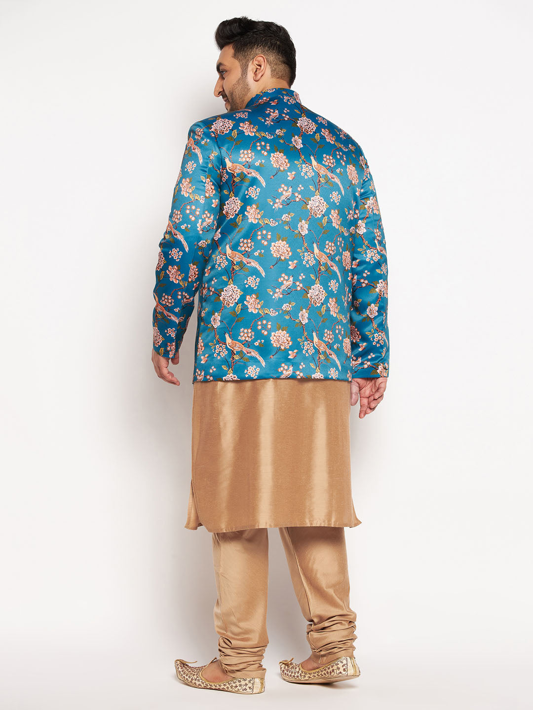 Vastramay mens turquoise blue color silk blend jodhpuri with viscose rose gold kurta pyjama set