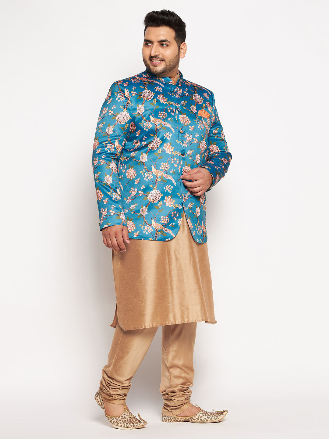 Vastramay mens turquoise blue color silk blend jodhpuri with viscose rose gold kurta pyjama set