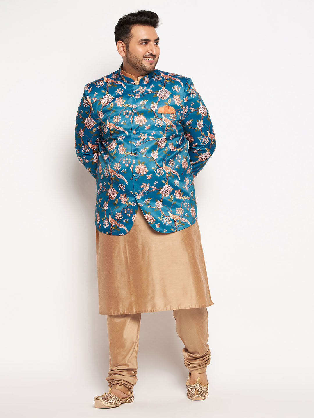 Vastramay Men's Turquoise Blue Silk Blend Jodhpuri With Viscose Rose Gold Kurta Pyjama Set