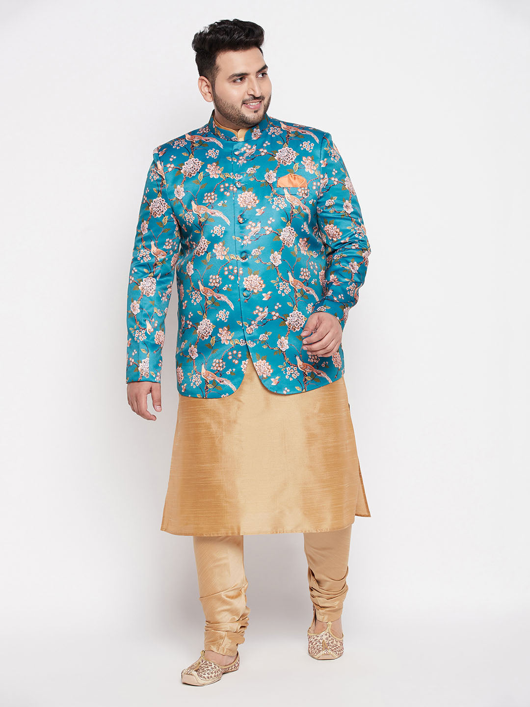 Vastramay mens turquoise blue color silk blend jodhpuri with rose gold kurta pyjama set