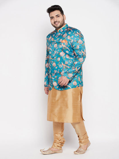 Vastramay mens turquoise blue color silk blend jodhpuri with rose gold kurta pyjama set