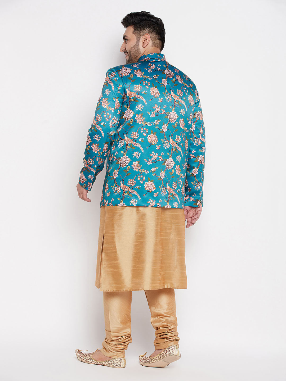 Vastramay mens turquoise blue color silk blend jodhpuri with rose gold kurta pyjama set