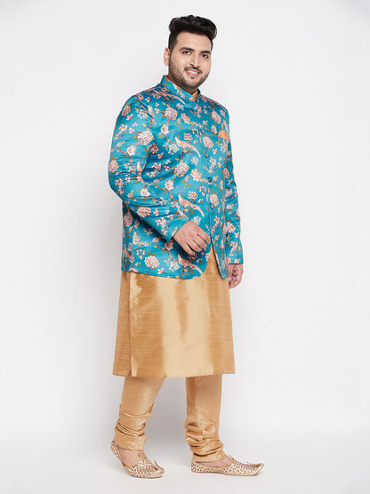 Vastramay mens turquoise blue color silk blend jodhpuri with rose gold kurta pyjama set