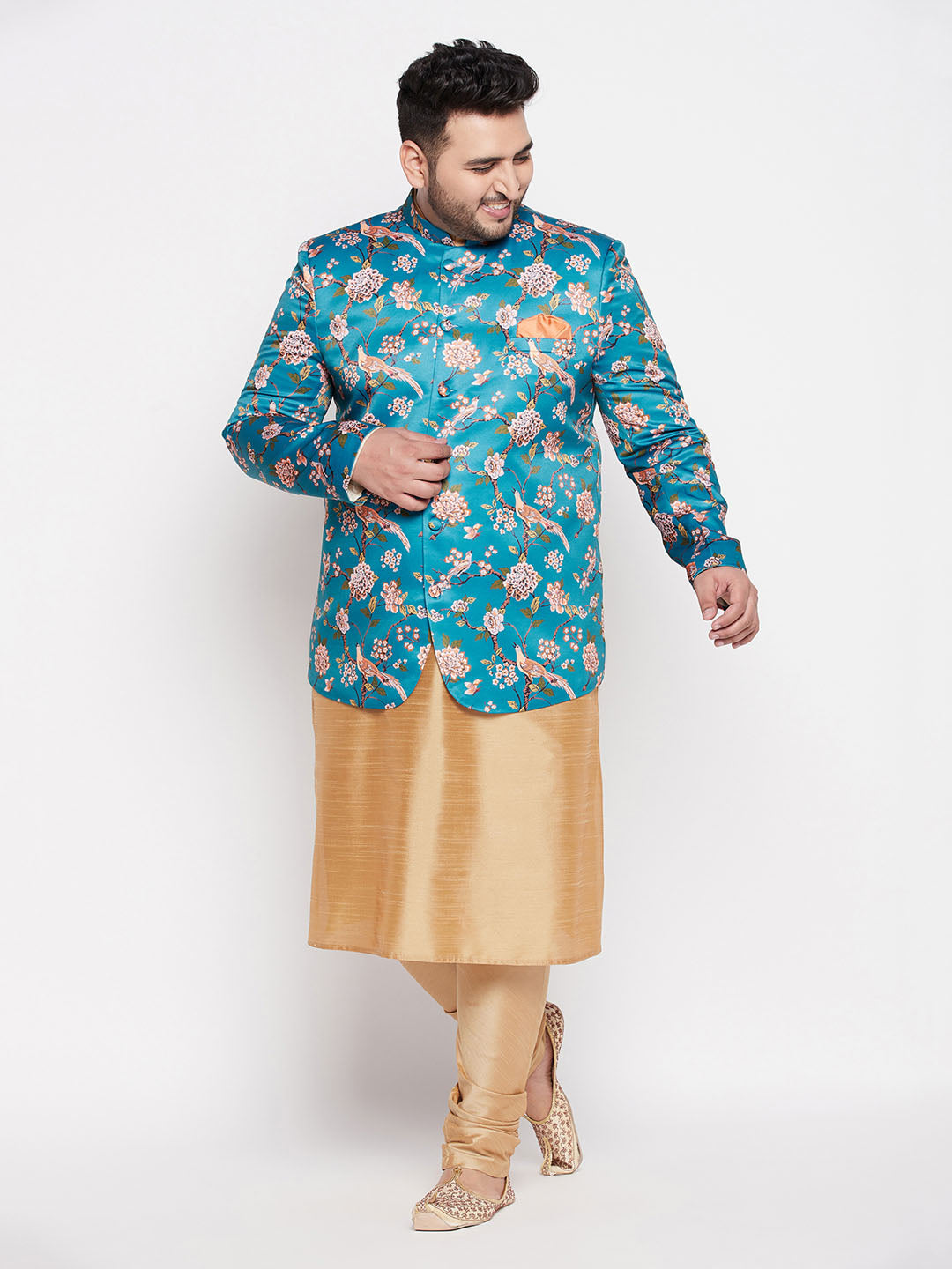 Vastramay Men's Turquoise Blue Silk Blend Jodhpuri With Rose Gold Kurta Pyjama Set