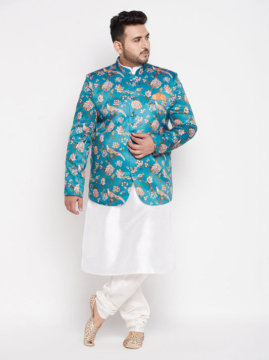 Vastramay mens turquoise blue color silk blend jodhpuri with white color kurta pyjama set