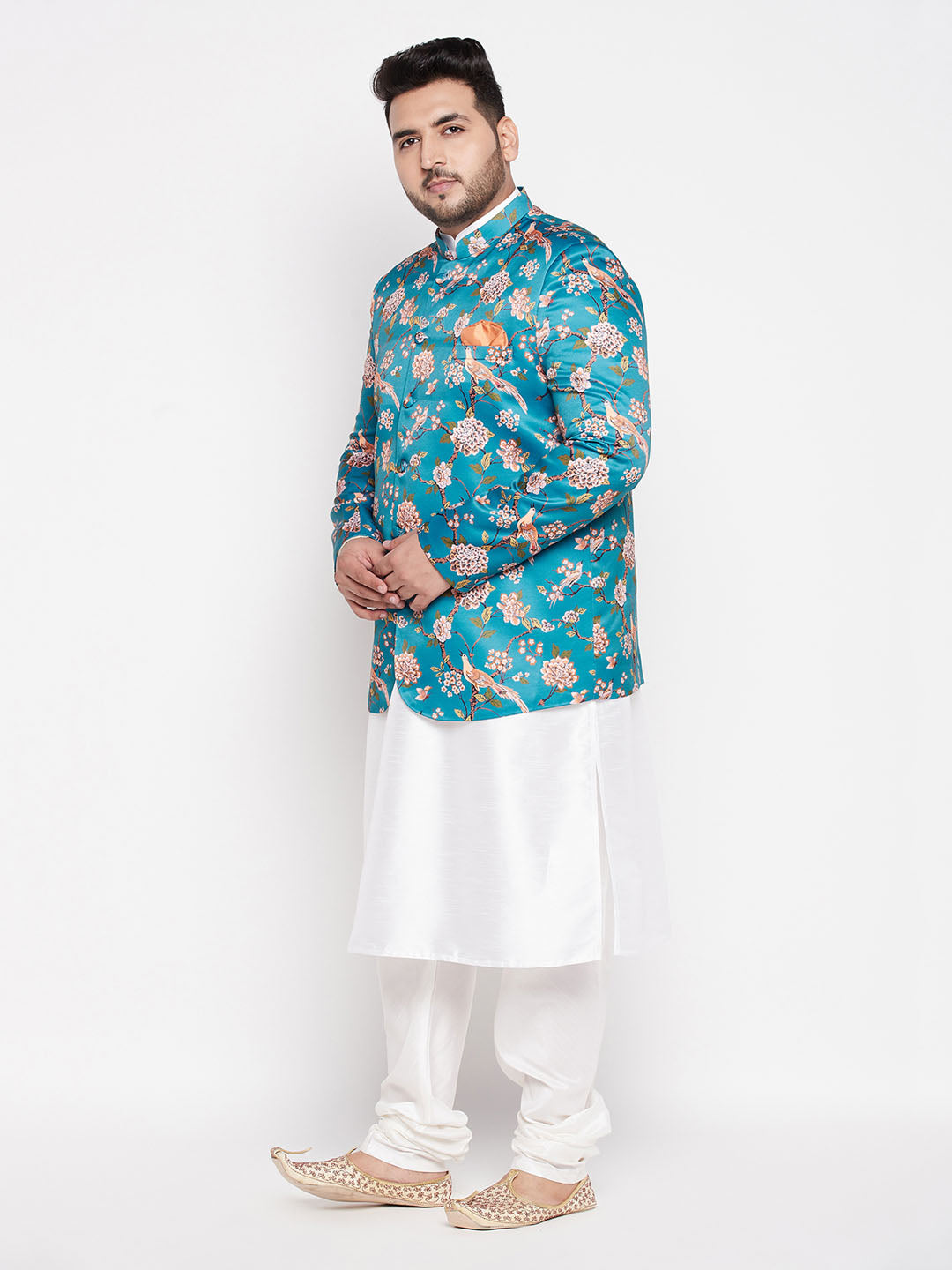 Vastramay mens turquoise blue color silk blend jodhpuri with white color kurta pyjama set