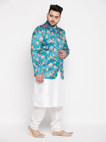 Vastramay mens turquoise blue color silk blend jodhpuri with white color kurta pyjama set