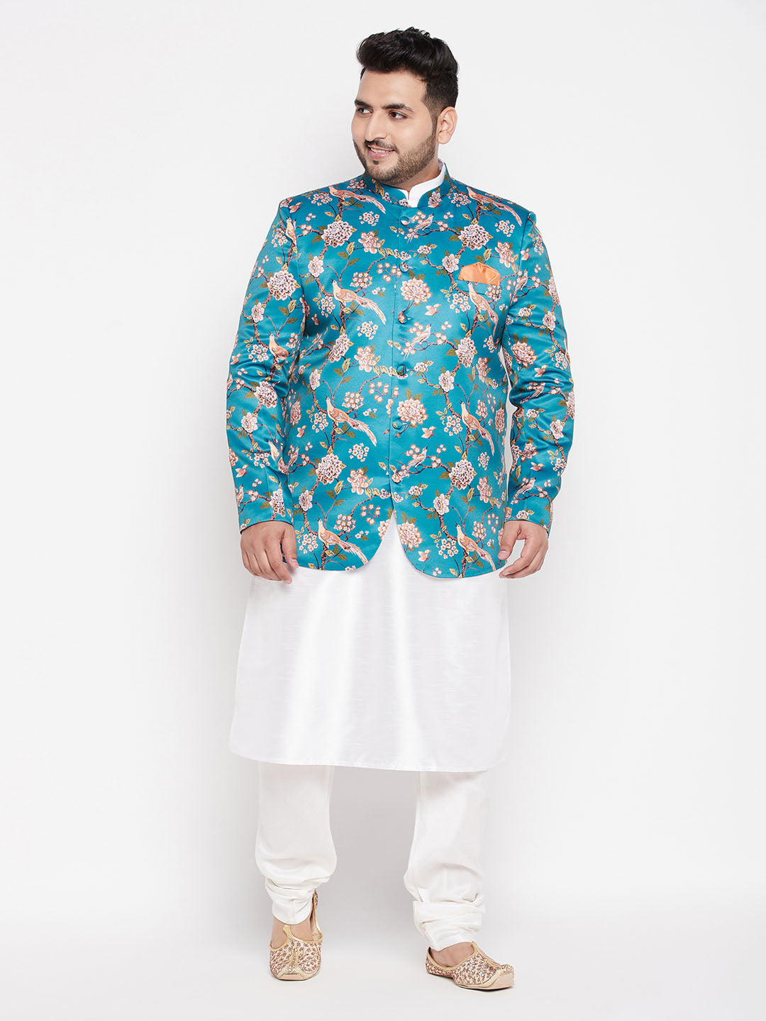 Vastramay Men's Turquoise Blue Silk Blend Jodhpuri With White Kurta Pyjama Set