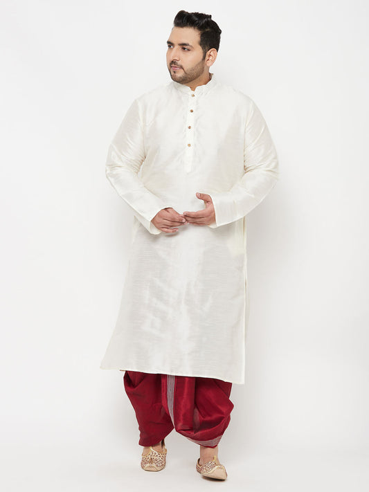 Vastramay mens plus size cream silk blend kurta and maroon dhoti set