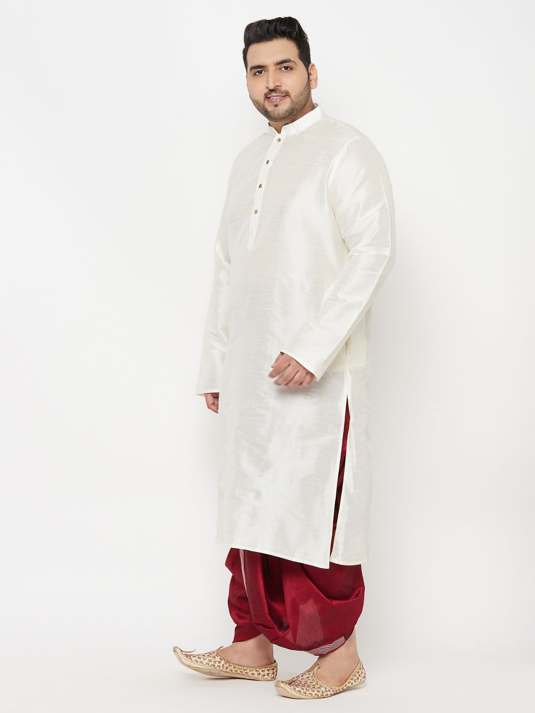 Vastramay mens plus size cream silk blend kurta and maroon dhoti set