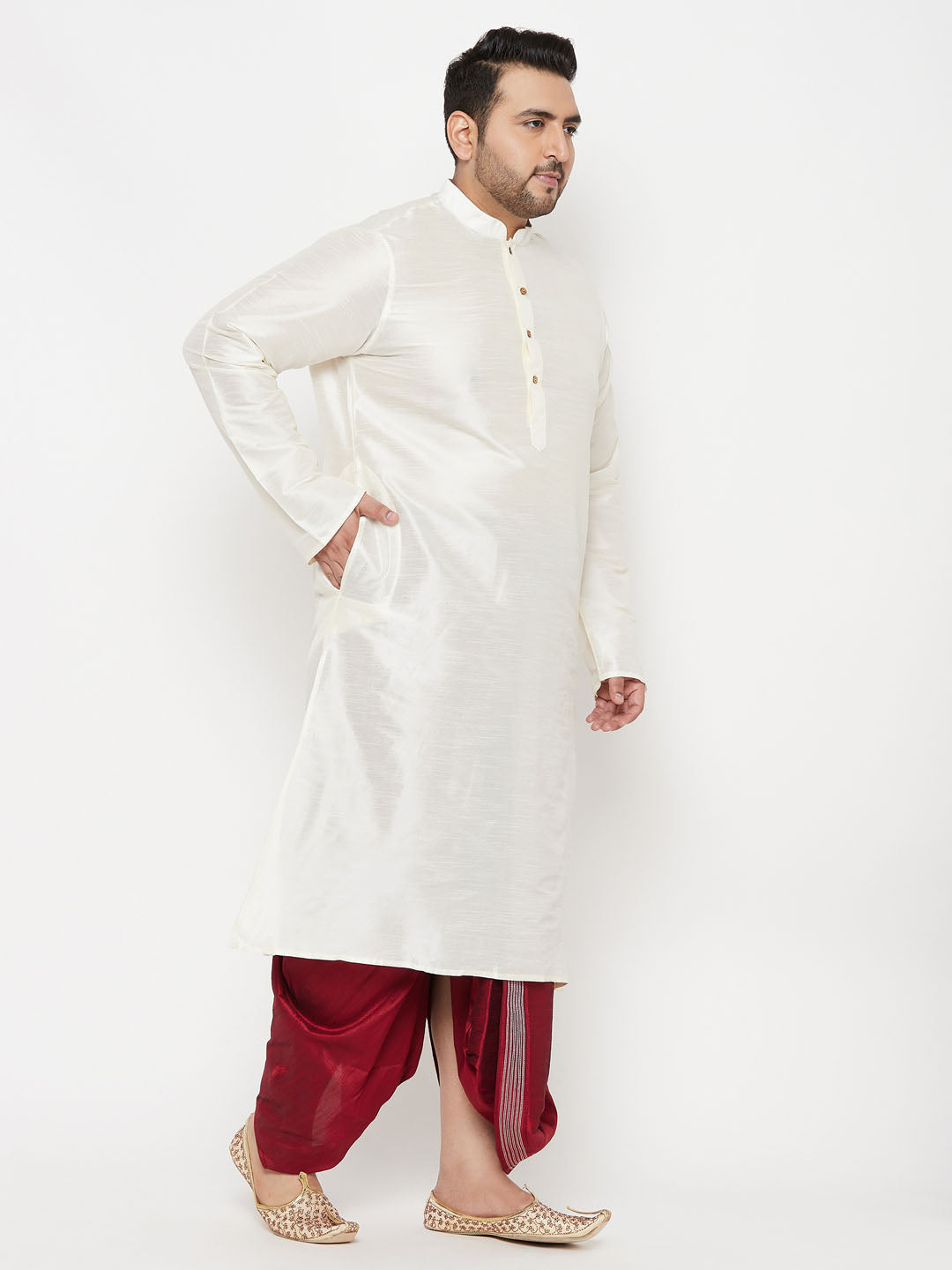 Vastramay mens plus size cream silk blend kurta and maroon dhoti set