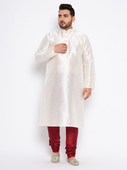 VASTRAMAY Men's Plus Size Cream Silk Blend Kurta Pyjama Set