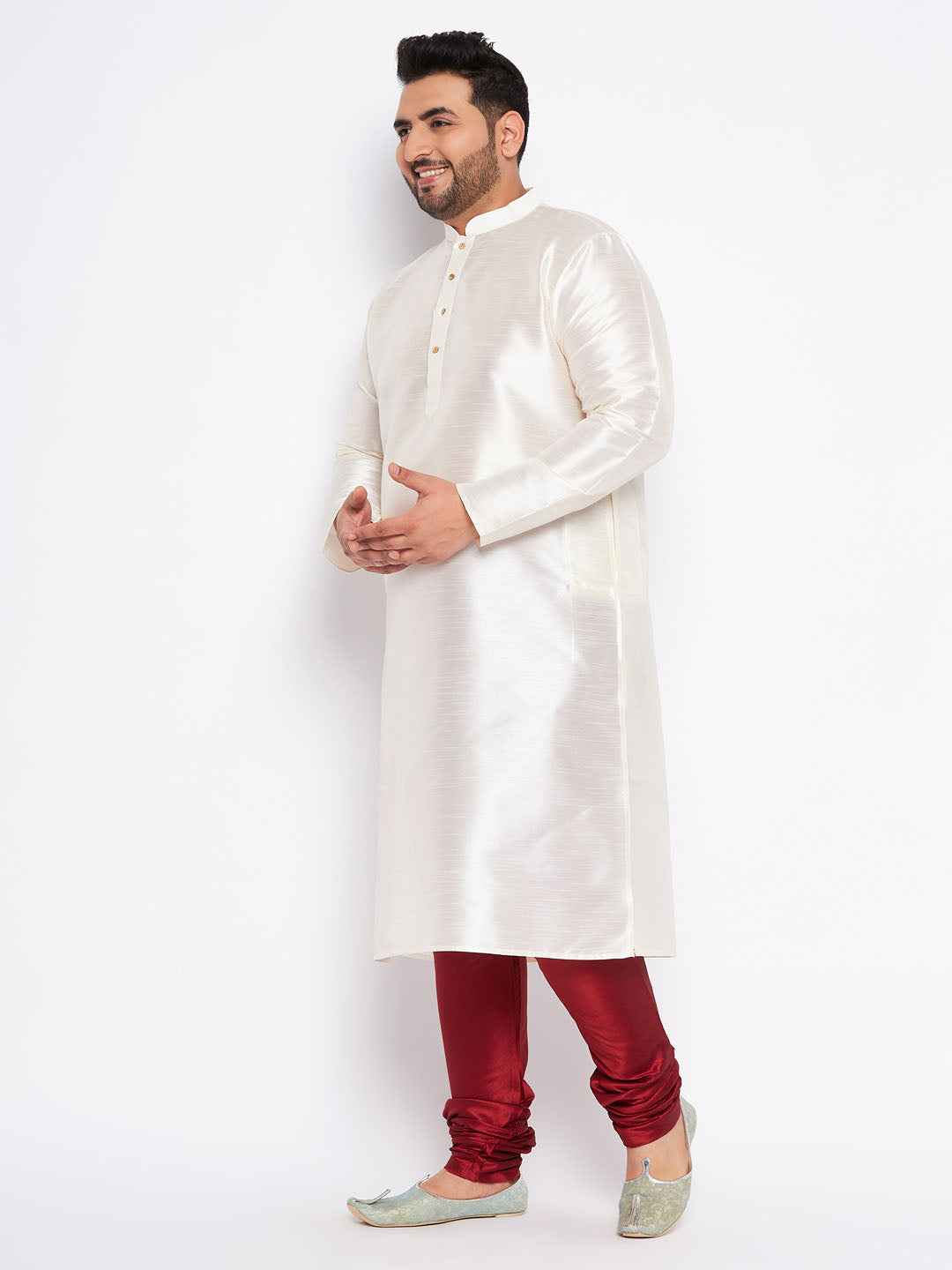 VASTRAMAY Men's Plus Size Cream Silk Blend Kurta Pyjama Set