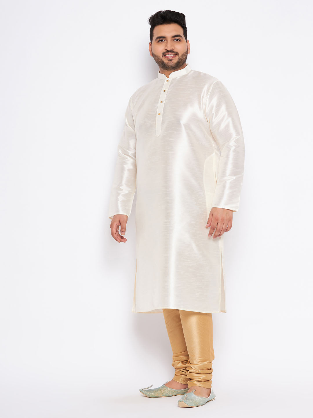 VASTRAMAY Men's Plus Size Cream Silk Blend Kurta Pyjama Set