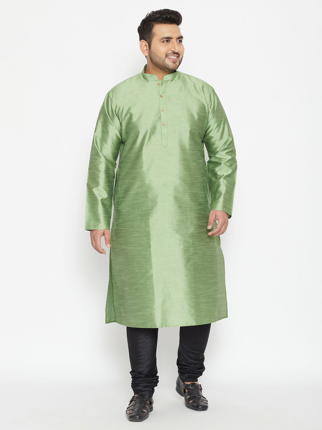 Vastramay Men's Plus Size Light Green Silk Blend Kurta Pyjama Set