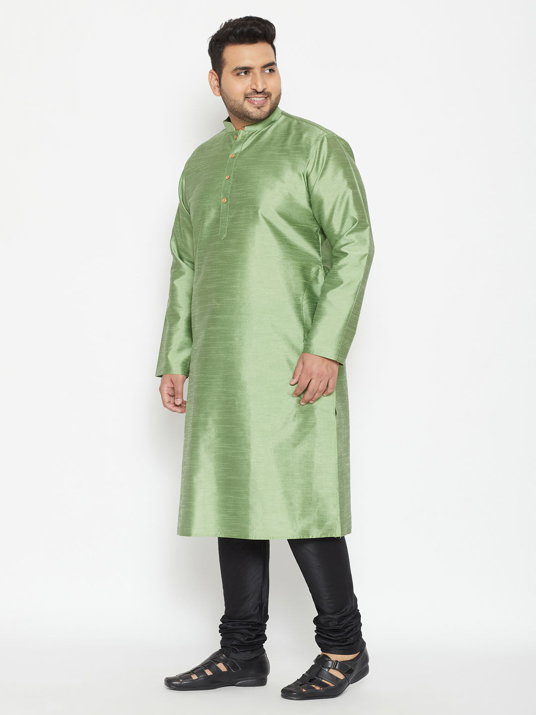 Vastramay Men's Plus Size Light Green Silk Blend Kurta Pyjama Set