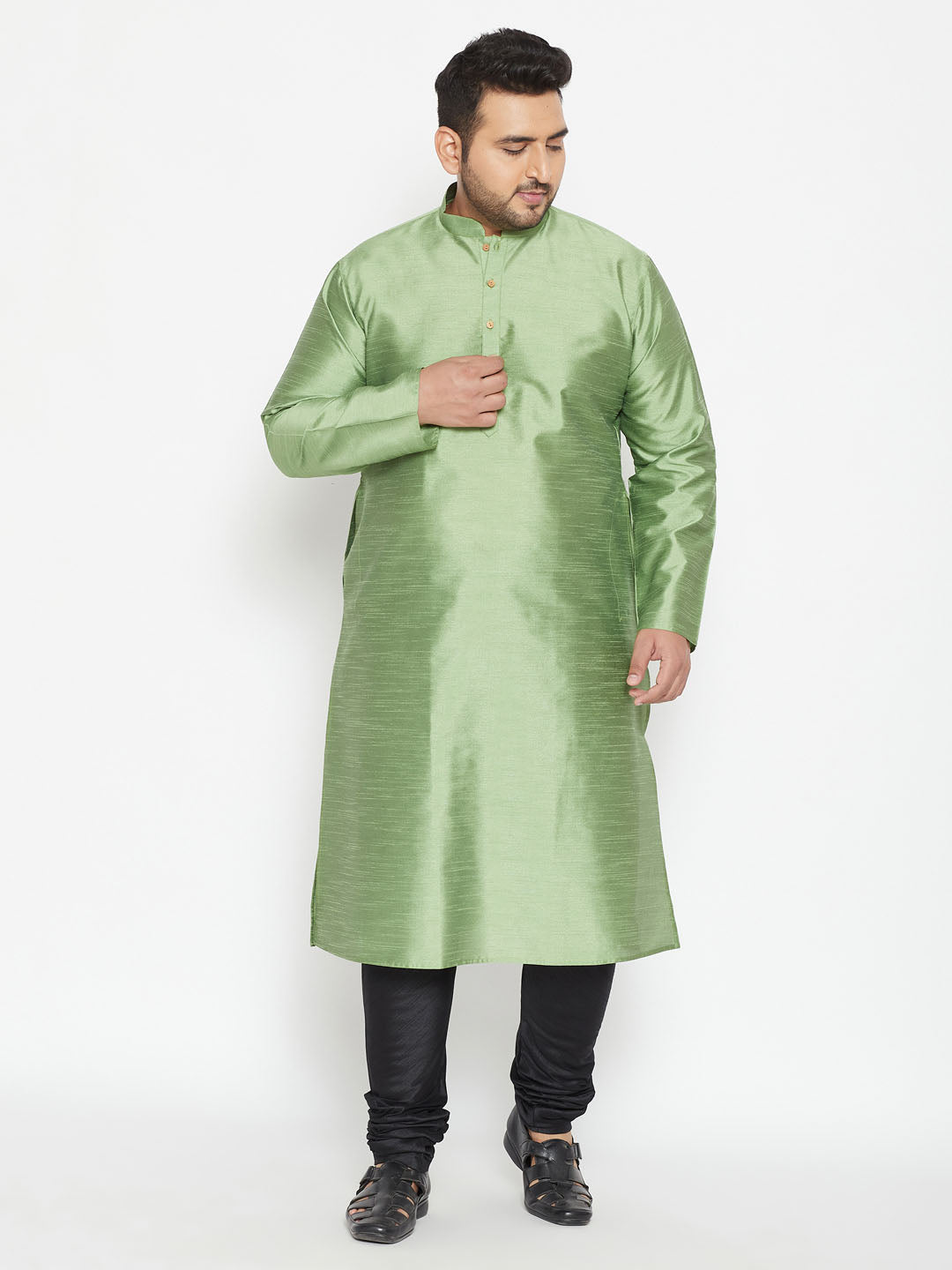 Vastramay Men's Plus Size Light Green Silk Blend Kurta Pyjama Set