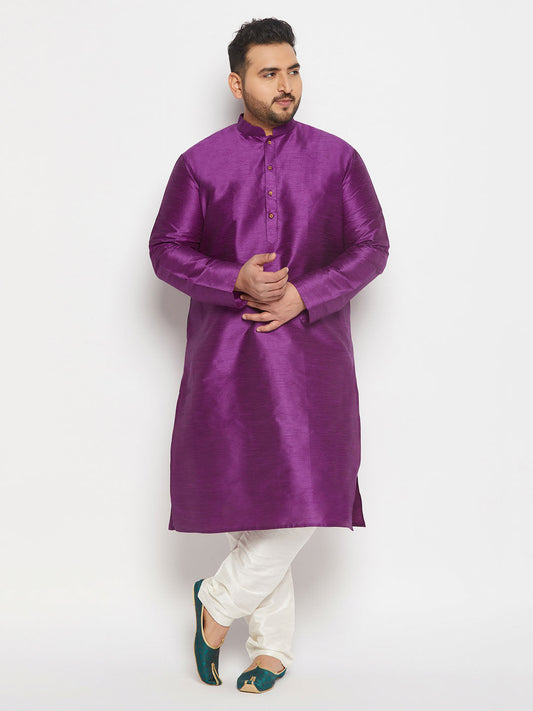 mens plus size purple cotton silk blend kurta and cream pant style pyjama set