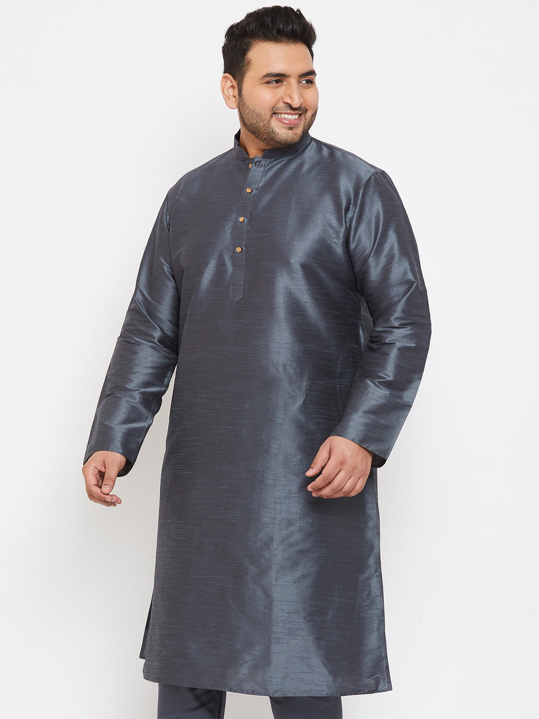 Vastramay Men's Plus Size Grey Silk Blend Kurta