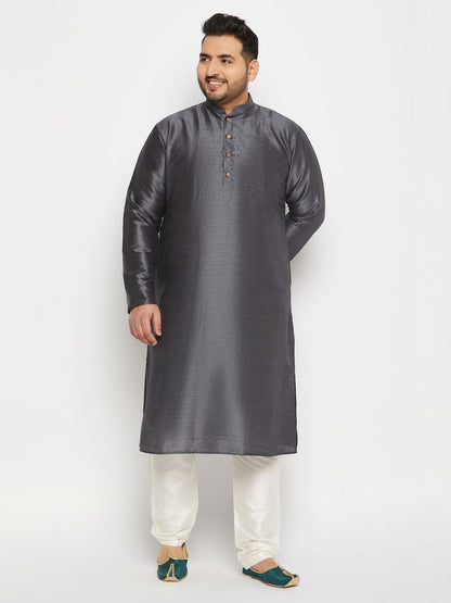 mens plus size grey cotton silk blend kurta and cream pant style pyjama set