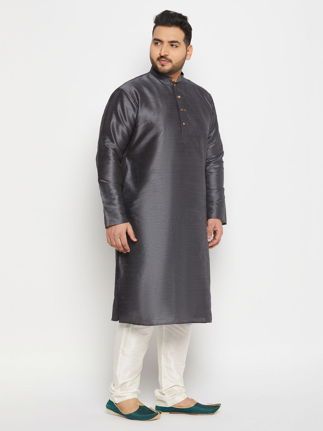 mens plus size grey cotton silk blend kurta and cream pant style pyjama set