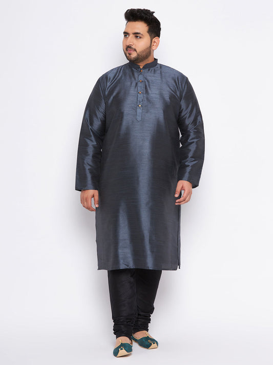 VASTRAMAY Men's Plus Size Grey Silk Blend Kurta Pyjama Set