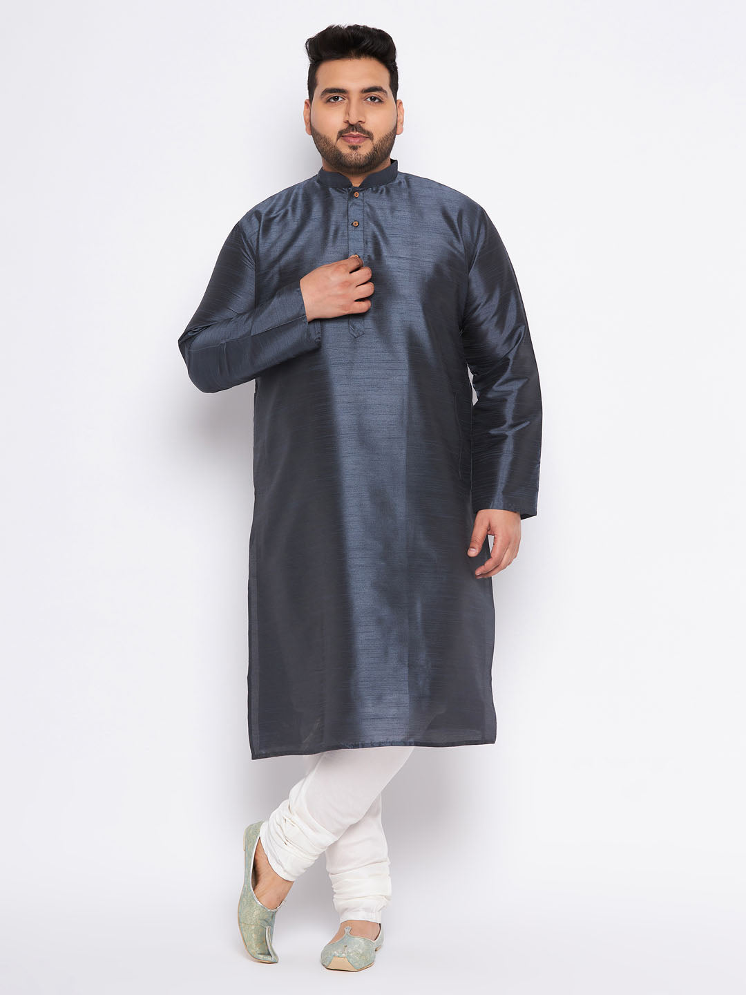 VASTRAMAY Men's Plus Size Grey Silk Blend Kurta Pyjama Set