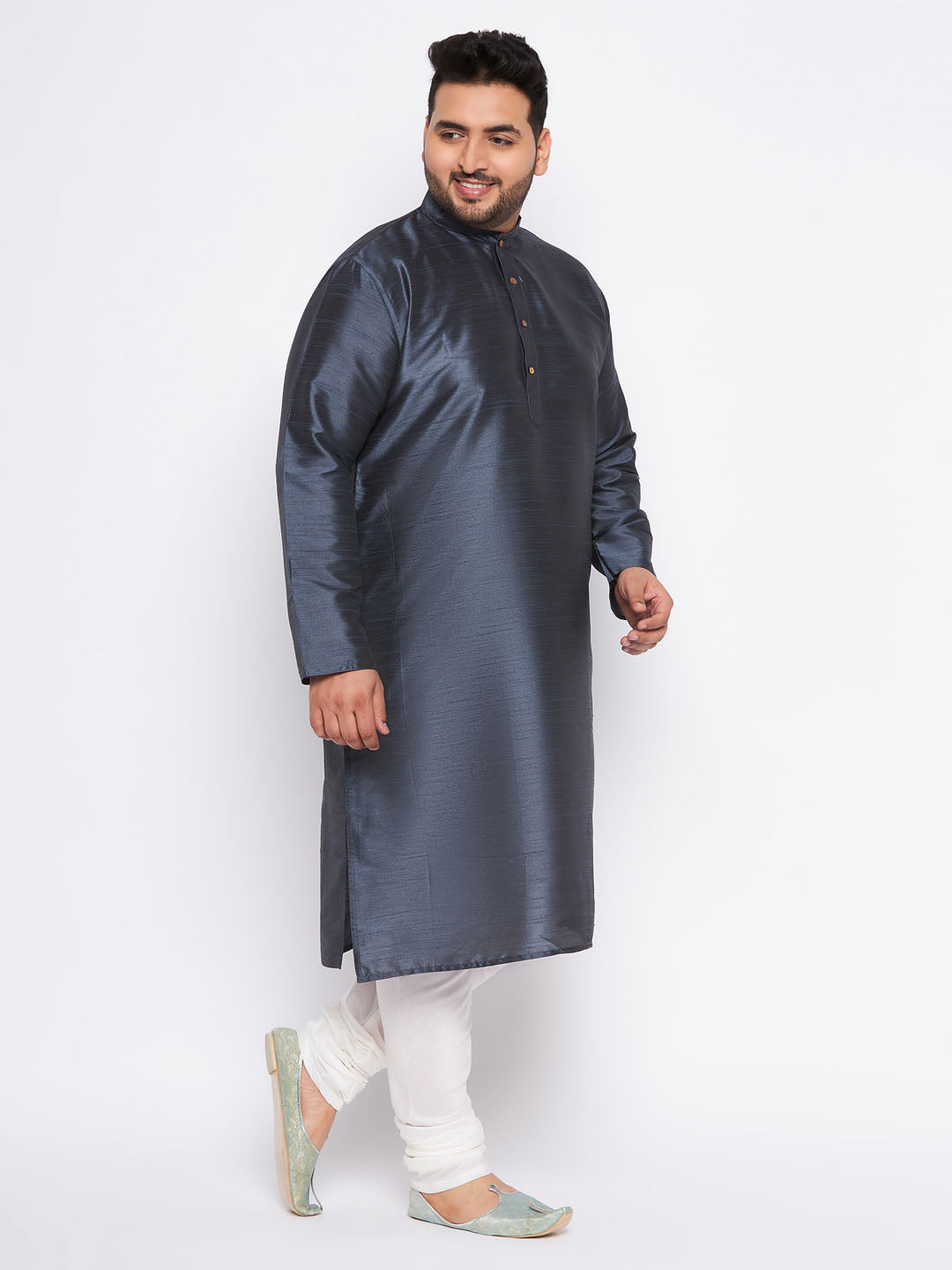 VASTRAMAY Men's Plus Size Grey Silk Blend Kurta Pyjama Set