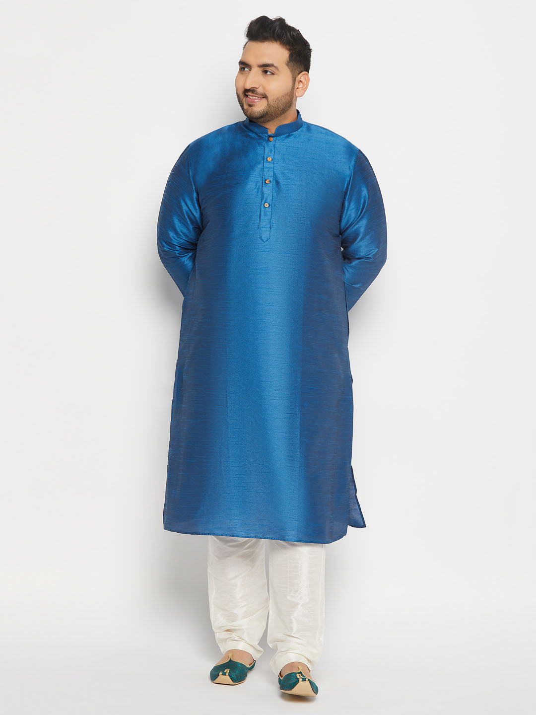 Vastramay mens plus size turquoise blue cotton silk blend kurta and pant style pyjama set