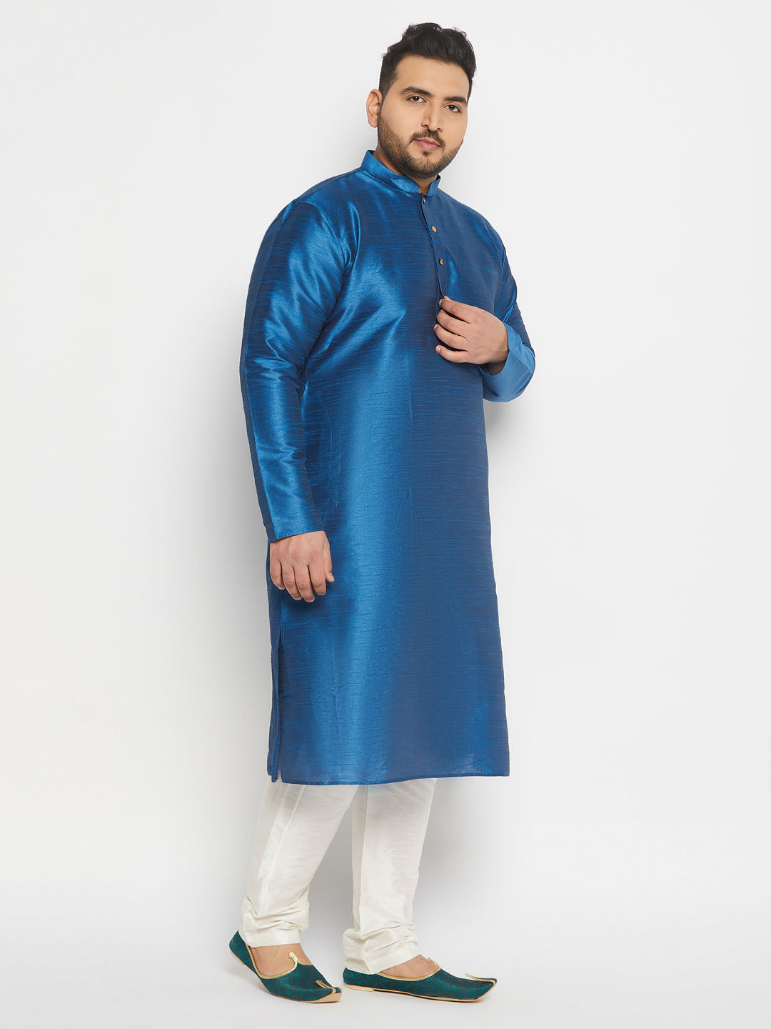 Vastramay mens plus size turquoise blue cotton silk blend kurta and pant style pyjama set