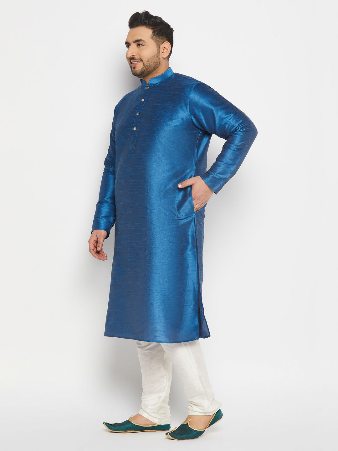 Vastramay mens plus size turquoise blue cotton silk blend kurta and pant style pyjama set